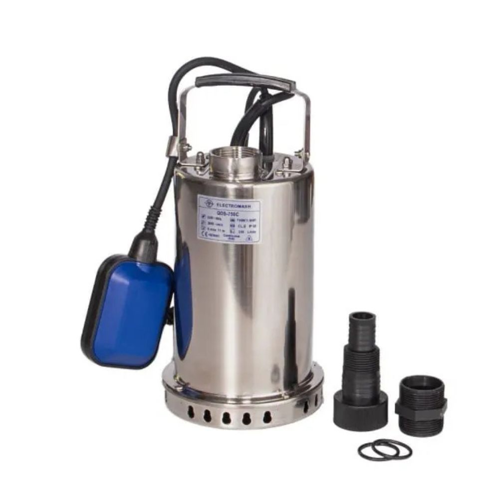 Drainagepomp met externe vlotter en roestvrijstalen behuizing Electromash QDS-750C, vermogen 750 W, debiet 200 l/min, opvoerhoogte 11 m, uitlaat 1″ |  |  |