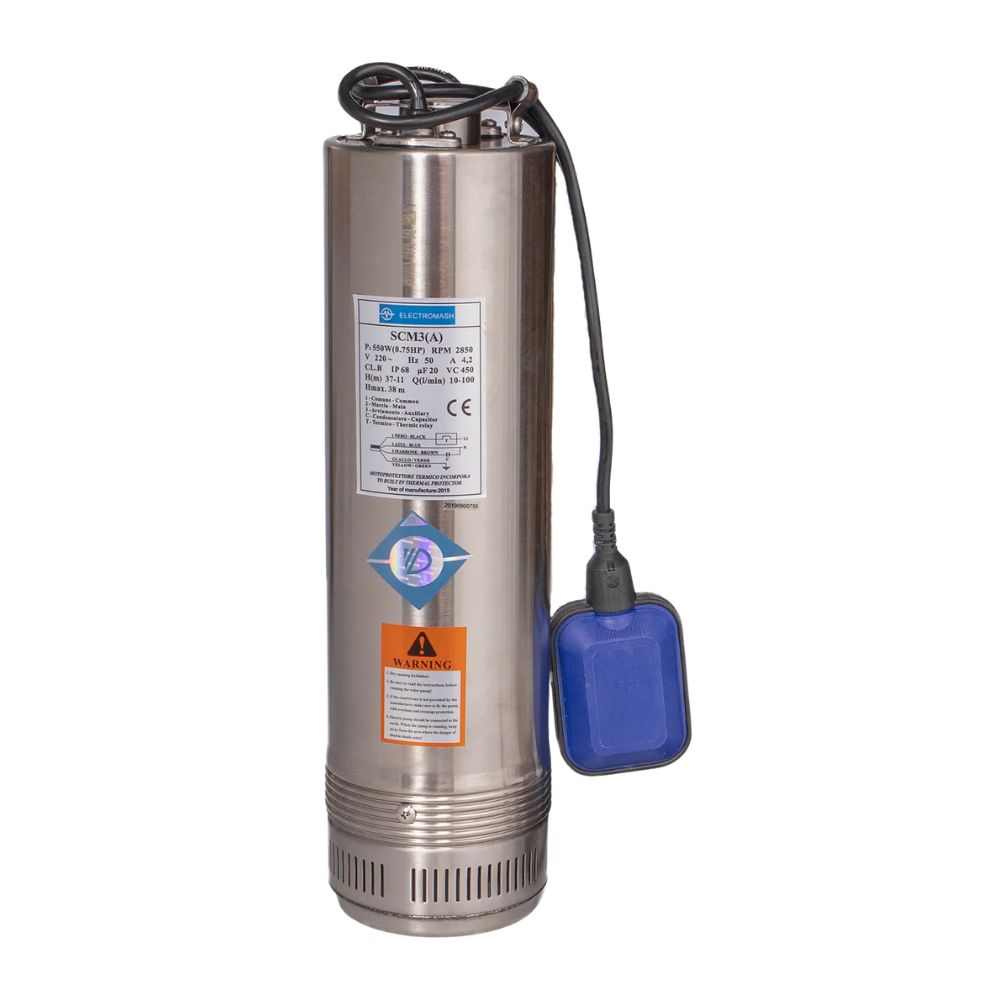 Dompelpomp met externe vlotter Electromash SCM 3 met PVC waaier, vermogen 0,55 kW, opvoerhoogte 30 m, debiet 9000 l/u, geschikt voor putten en andere toepassingen |  |  |