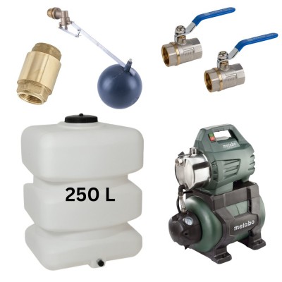 Kit "Drinkwater 250L" met watertank Mavil (wit, rechthoekig) en hydrofoorpomp Metabo - Productenvergelijking
