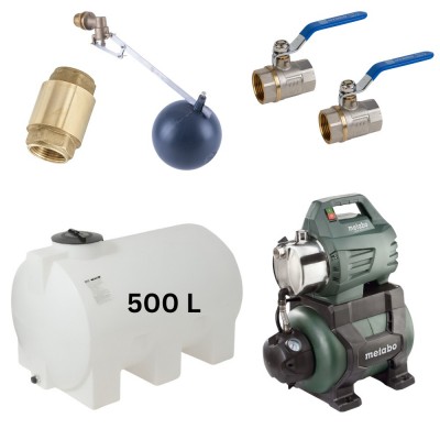 Kit "Drinkwater 500L" met watertank Mavil (wit, horizontaal) en hydrofoorpomp Metabo - Productenvergelijking