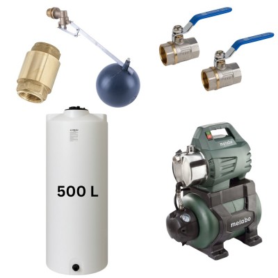 Kit "Drinkwater 500L" met watertank van Mavil (wit, cilindervormig) en hydrofoorpomp Metabo - Productenvergelijking