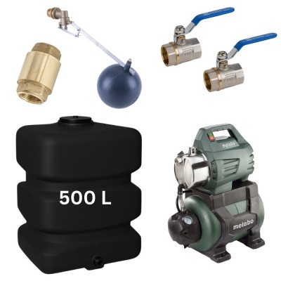 Kit "Drinkwater 500L" met watertank Mavil (zwart, rechthoekig) en hydrofoorpomp Metabo - Productenvergelijking