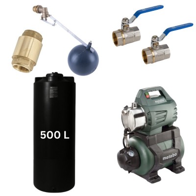 Kit "Drinkwater 500L" met Mavil watertank (zwart, cilindrisch) en hydrofoorpomp Metabo - Productenvergelijking