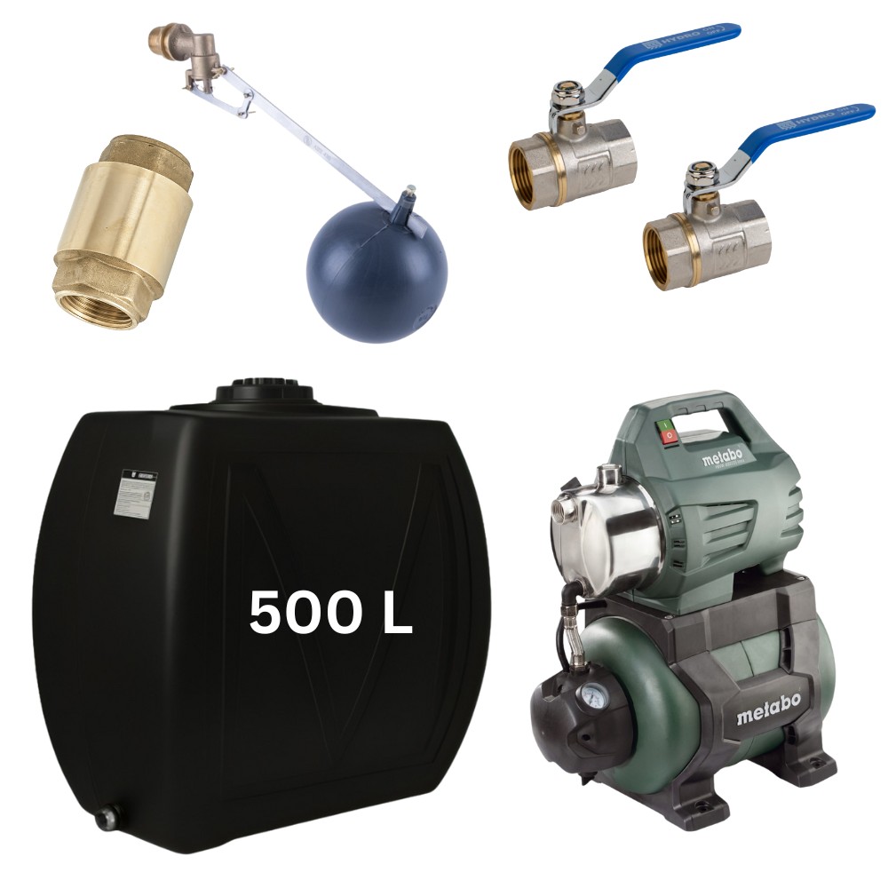 Kit "Drinkwater 500L" met watertank Narrow Mavil (zwart) en hydrofoorpomp Metabo | Drinkwatertanks |  |