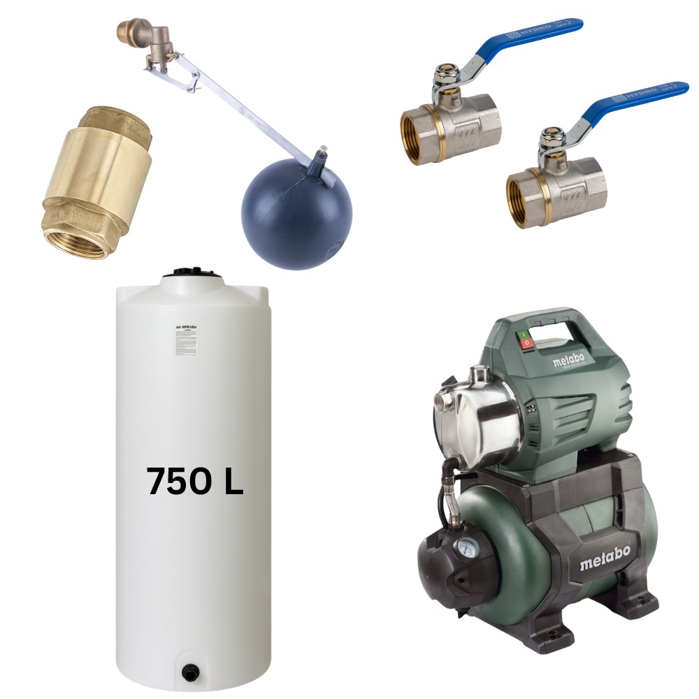 Kit „Drinkwater 750L“ met watertank Mavil (wit, cilindervormig) en hydrofoorpomp Metabo | Drinkwatertanks |  |