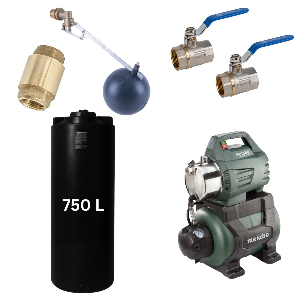 Kit "Drinkwater 750L" met Mavil watertank (zwart, cilindrisch) en hydrofoorpomp Metabo | Drinkwatertanks |  |
