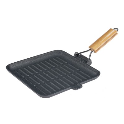 Grillpan gietijzer met opvouwbaar houten handvat, 28x28 cm - Productenvergelijking