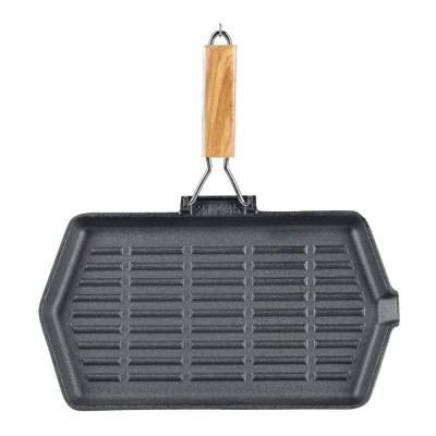 Grillpan gietijzer met opvouwbaar houten handvat, 35x21 cm - Productenvergelijking