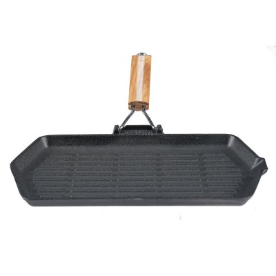 Grillpan gietijzer met opvouwbaar houten handvat, 35x21 cm - Productenvergelijking