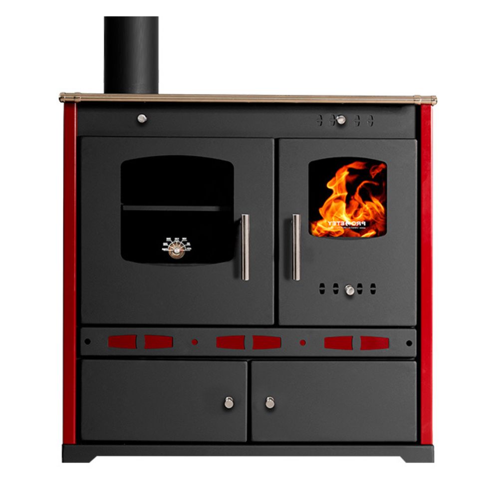 Hout fornuis Prometey Perfect Eco Lux met linker rookkanaal, bordeauxrood, 7.5kW |  |  |