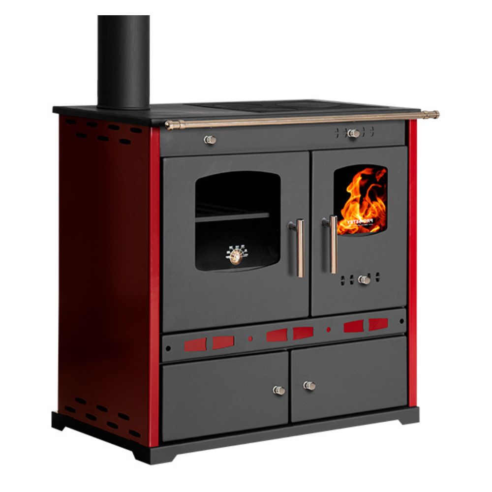 Hout fornuis Prometey Perfect Eco Lux met linker rookkanaal, bordeauxrood, 7.5kW |  |  |