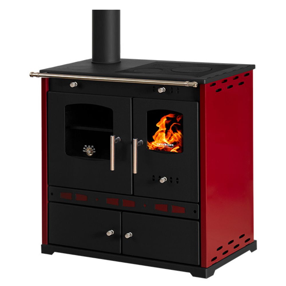 Hout fornuis Prometey Perfect Eco Lux met linker rookkanaal, bordeauxrood, 7.5kW |  |  |