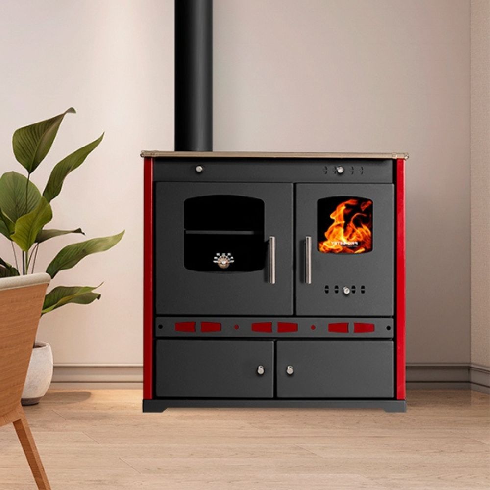 Hout fornuis Prometey Perfect Eco Lux met linker rookkanaal, bordeauxrood, 7.5kW |  |  |