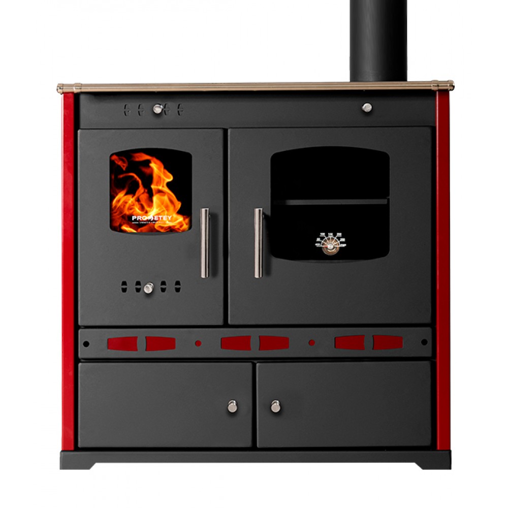 Hout fornuis Prometey Perfect Eco Lux met rechter rookkanaal, bordeauxrood, 7.5kW |  |  |
