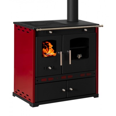 Hout fornuis Prometey Perfect Eco Lux met rechter rookkanaal, bordeauxrood, 7.5kW - Prometey