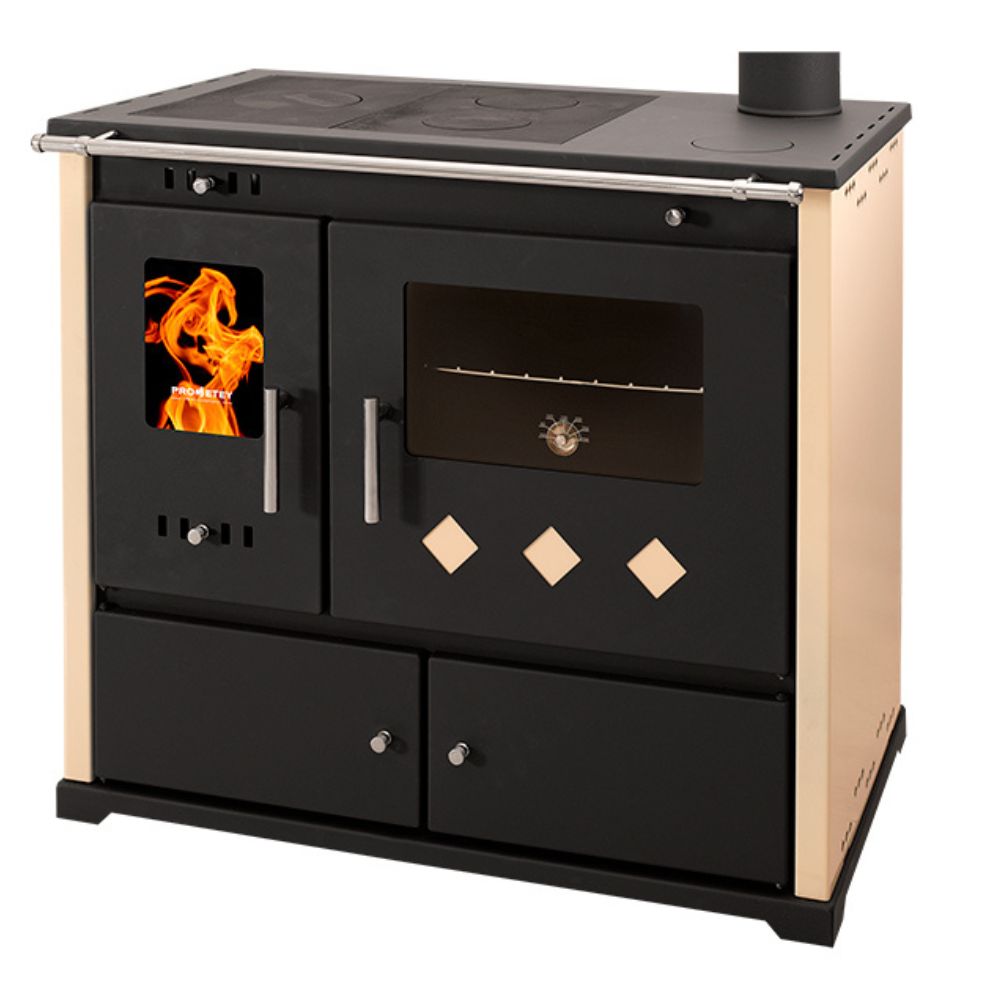 Hout fornuis Prometey Perfect Practik Lux, ivoor, rechter schoorsteen, 9.5kW |  |  |