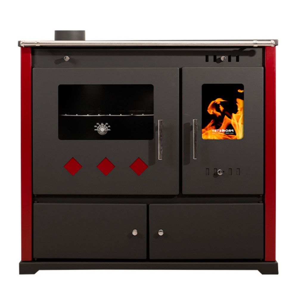 Hout fornuis Prometey Perfect Practik Lux met keramische kookplaat, linker rookkanaal, bordeauxrood, 9.5kW |  |  |