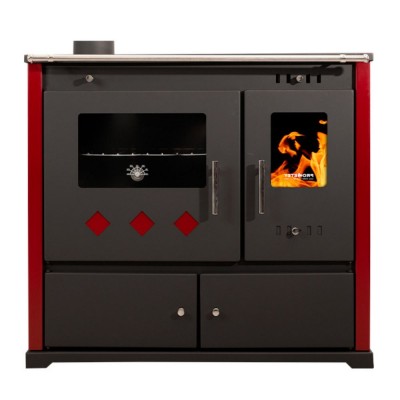 Hout fornuis Prometey Perfect Practik Lux met keramische kookplaat, linker rookkanaal, bordeauxrood, 9.5kW - Prometey