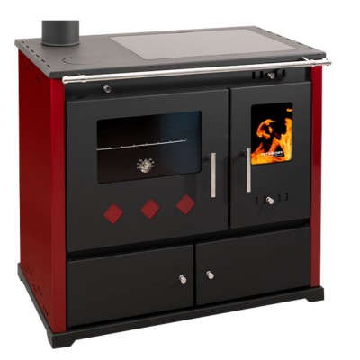 Hout fornuis Prometey Perfect Practik Lux met keramische kookplaat, linker rookkanaal, bordeauxrood, 9.5kW - Prometey