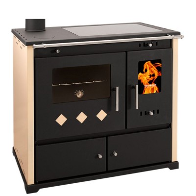 Hout fornuis Prometey Perfect Practik Lux met keramische kookplaat, linker rookkanaal, ivoor, 9.5kW - Prometey