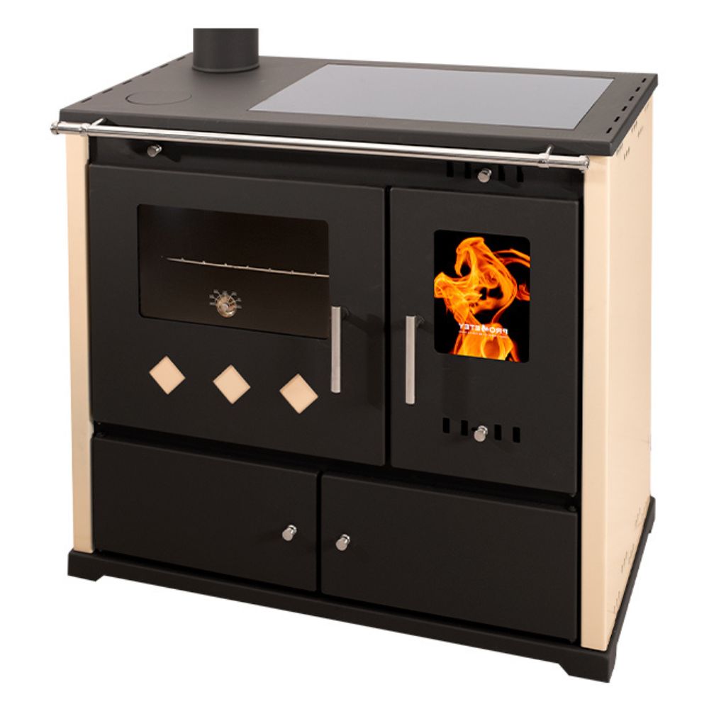 Hout fornuis Prometey Perfect Practik Lux met keramische kookplaat, linker rookkanaal, ivoor, 9.5kW |  |  |
