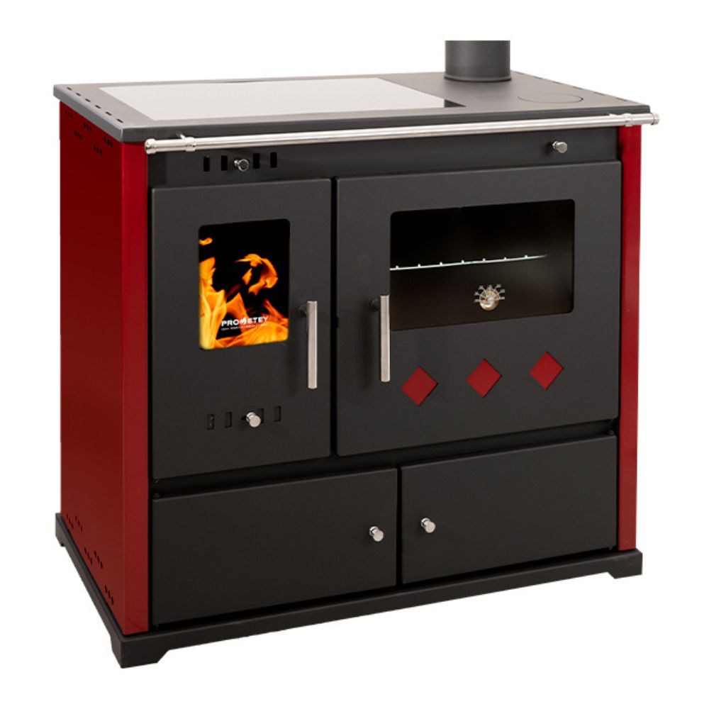 Hout fornuis Prometey Perfect Practik Lux met keramische kookplaat, rechts rookkanaal, bordeauxrood, 9.5kW |  |  |