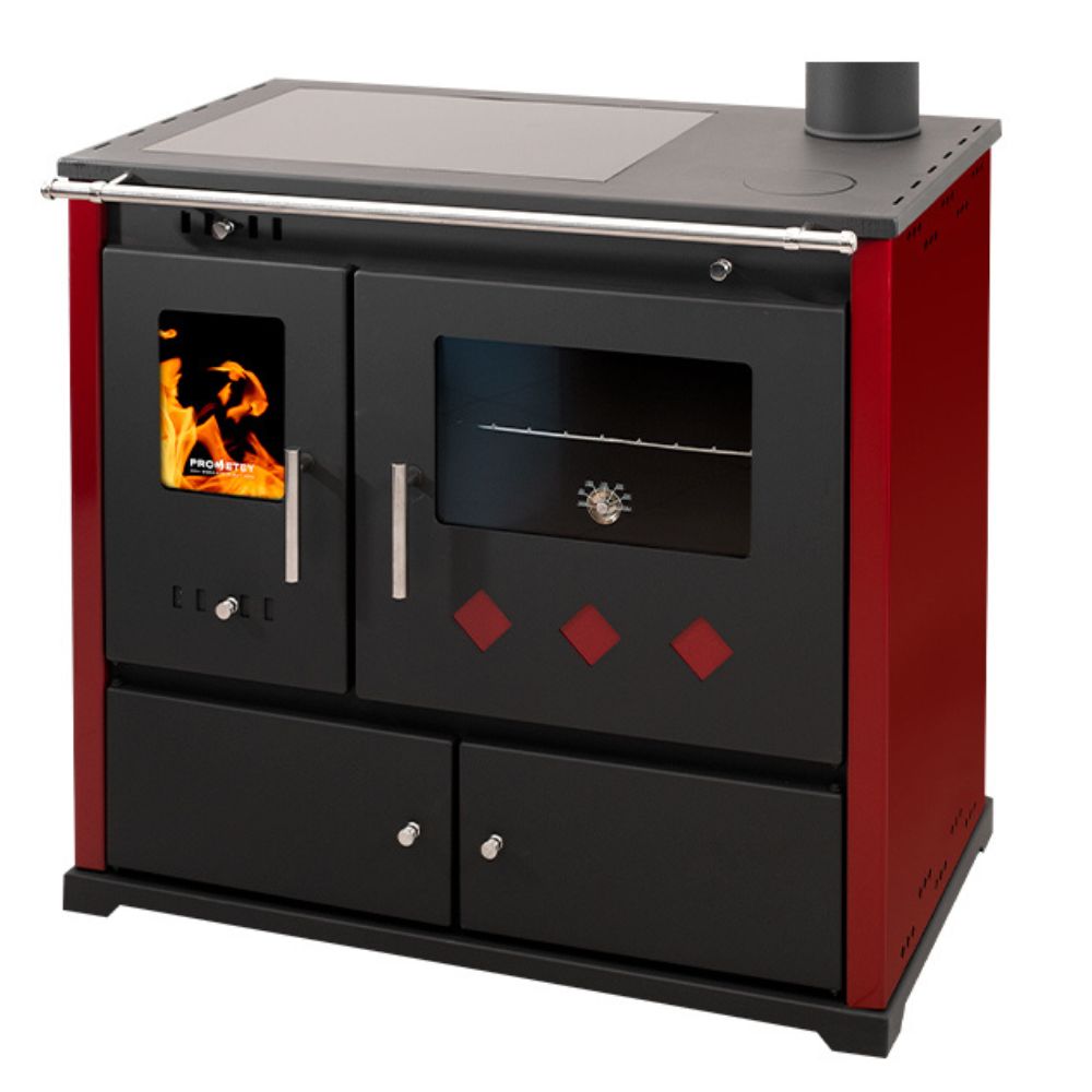 Hout fornuis Prometey Perfect Practik Lux met keramische kookplaat, rechts rookkanaal, bordeauxrood, 9.5kW |  |  |