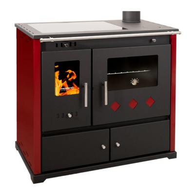 Hout fornuis Prometey Perfect Practik Lux met keramische kookplaat, rechts rookkanaal, bordeauxrood, 9.5kW - Prometey