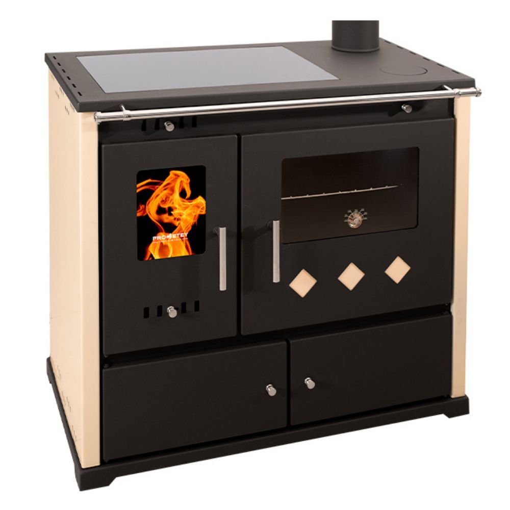 Hout fornuis Prometey Perfect Practik Lux met keramische kookplaat, rechts rookkanaal, ivoor, 9.5kW |  |  |