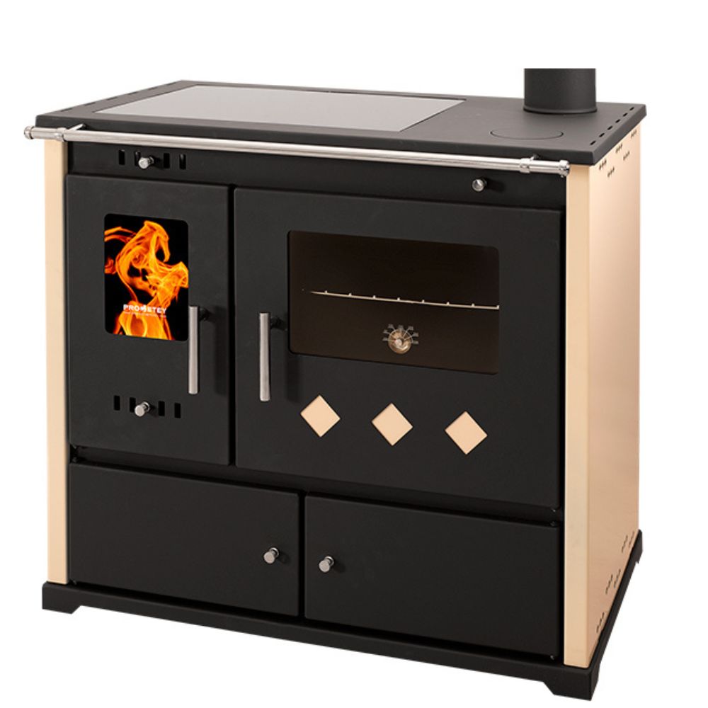 Hout fornuis Prometey Perfect Practik Lux met keramische kookplaat, rechts rookkanaal, ivoor, 9.5kW |  |  |
