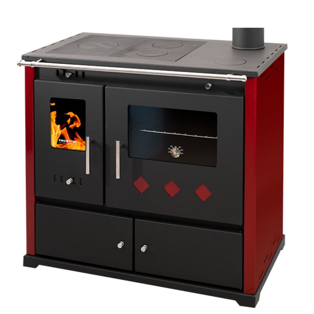 Hout fornuis Prometey Perfect Practik Lux met rechter rookkanaal, bordeauxrood, 9.5kW |  |  |