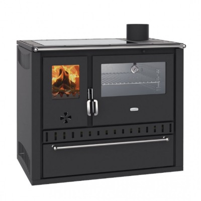 Hout fornuis met CV Prity GT W10 Zwart, met roestvrijstalen oven, keramische kookplaat en lade, 13,3 kW - Houtkachels
