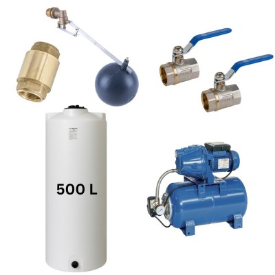 Kit "Drinkwater 500L" met watertank van Mavil (wit, cilindervormig) en hydrofoorpomp Speroni - Productenvergelijking
