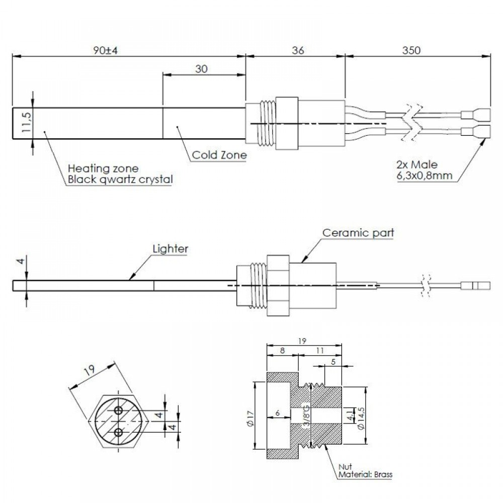 Gloeibougie pelletkachel met zwart kwartskristal voor Karmek One, La Nordica en anderen, totale lengte 126mm, 300W | Gloeibougie | Pelletkachel onderdelen |