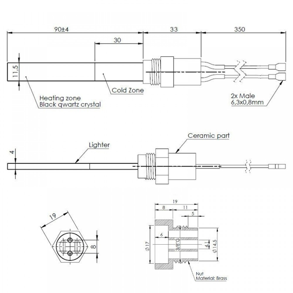 Gloeibougie pelletkachel met zwart kwartskristal voor Ferroli, Eco Spar, BURNiT, totale lengte 123mm, 300W | Gloeibougie voor pelletkachel | Pelletkachel onderdelen |