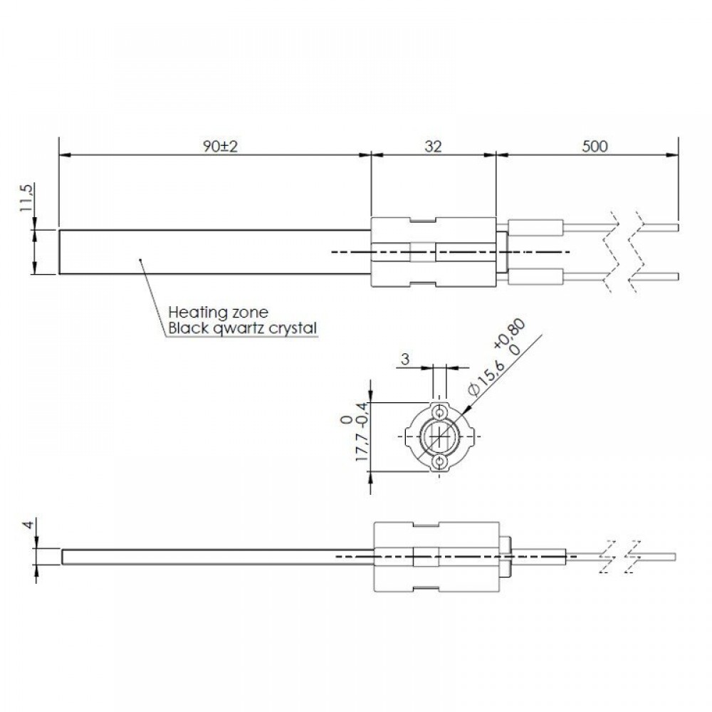 Gloeibougie pelletkachel met zwart kwartskristal voor Eco Spar, BURNiT, Palazzetti, VistaFlame, Whitfield, Lennox en anderen, totale lengte 122mm, 400W | Gloeibougie voor pelletkachel | Pelletkachel onderdelen |