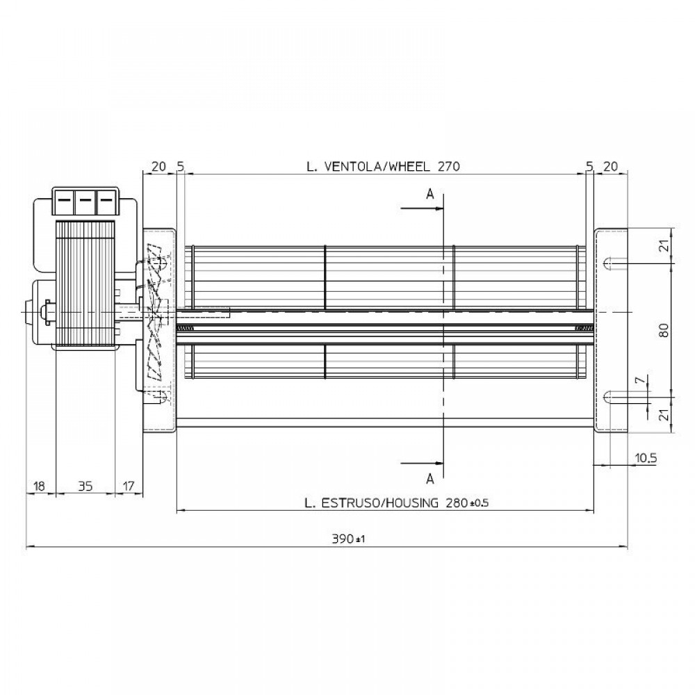 Tangentiële ventilator Fergas voor pelletkachels Cadel en anderen met Ø80 mm, Flow 305 m³/h | Ventilatoren en blazers | Pelletkachel onderdelen |