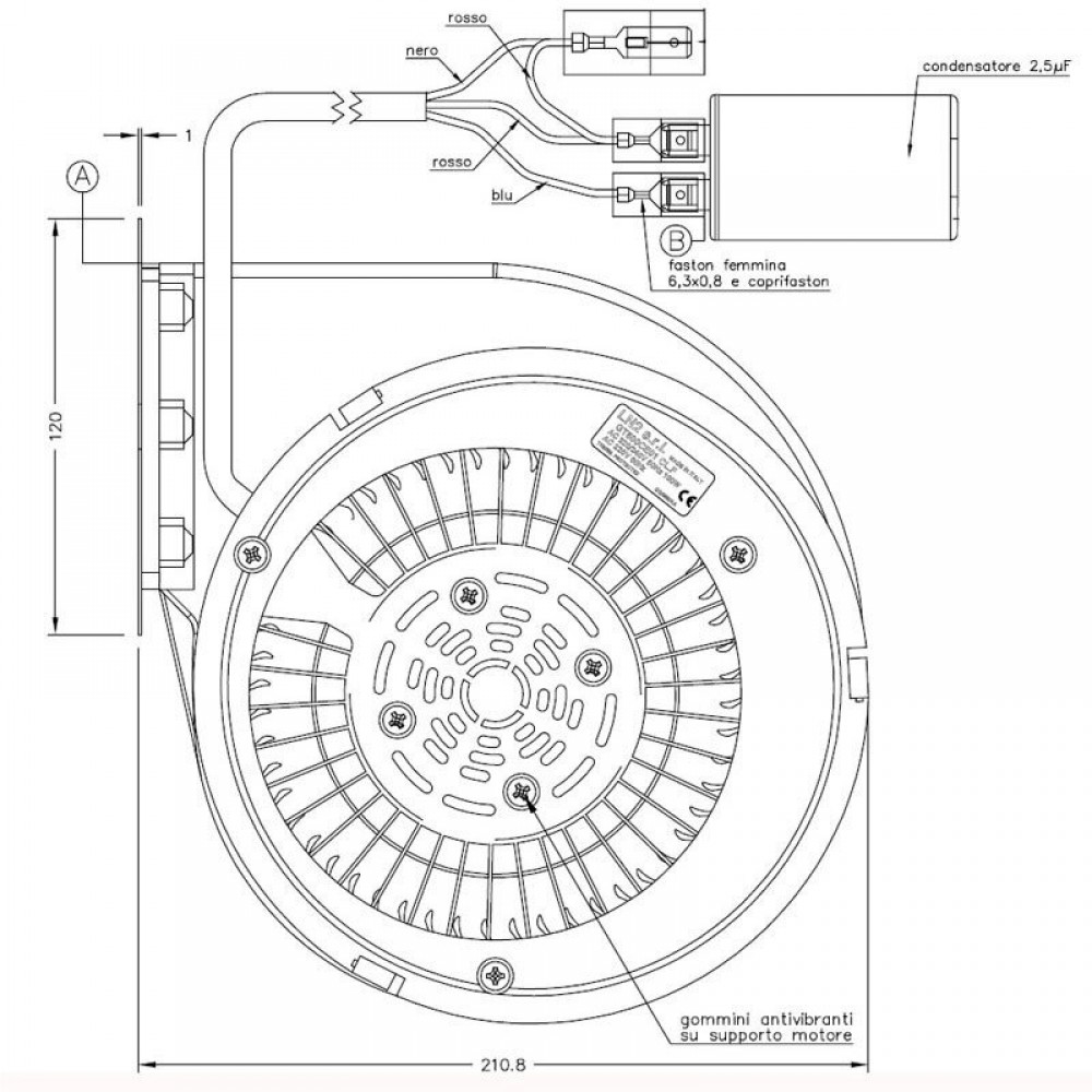 Centrifugaalventilator Natalini voor pelletkachels Eco Spar, Deville, Puros e.a. Sit Group, debiet 480 m³/h | Ventilatoren en blazers | Pelletkachel onderdelen |