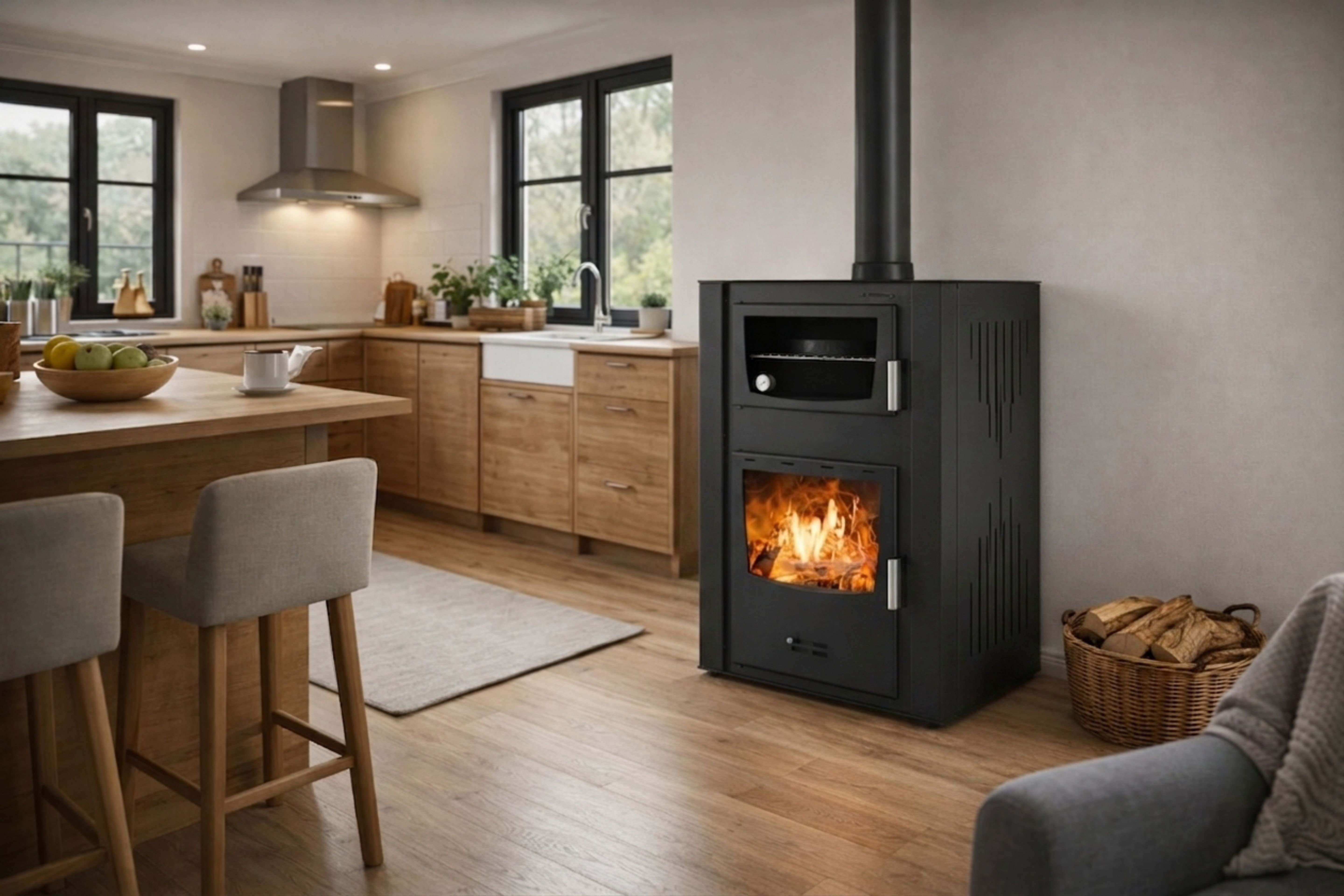 Houtgestookte open haard met oven en watermantel.